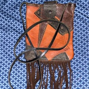Orange and Brown Leather Fringe Bag